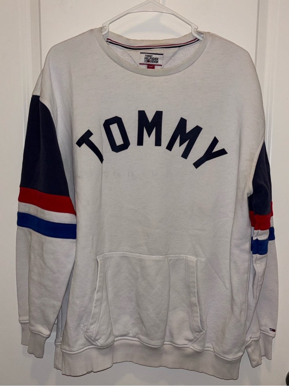 Tommy Hilfiger White Crewneck Sweatshirt with Navy, Red & Blue Sleeve Stripes
